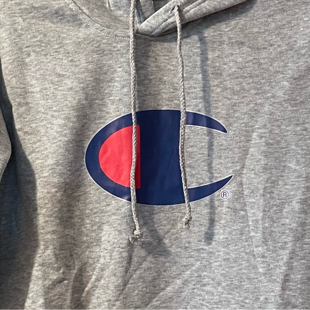 Champion Heather Gray Hoodie with Blue and Red Emblem - Picture 2 of 7